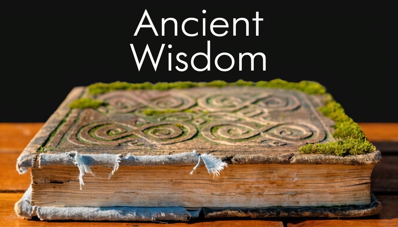 An ancient, moss-covered book with intricate carved Celtic patterns resting on a rustic wooden table.