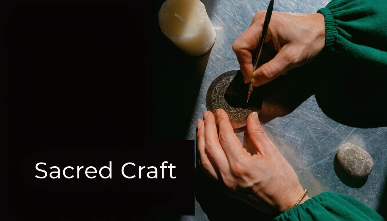 A person engraving a metallic pentacle of Jupiter symbol while a candle illuminates the workspace nearby.