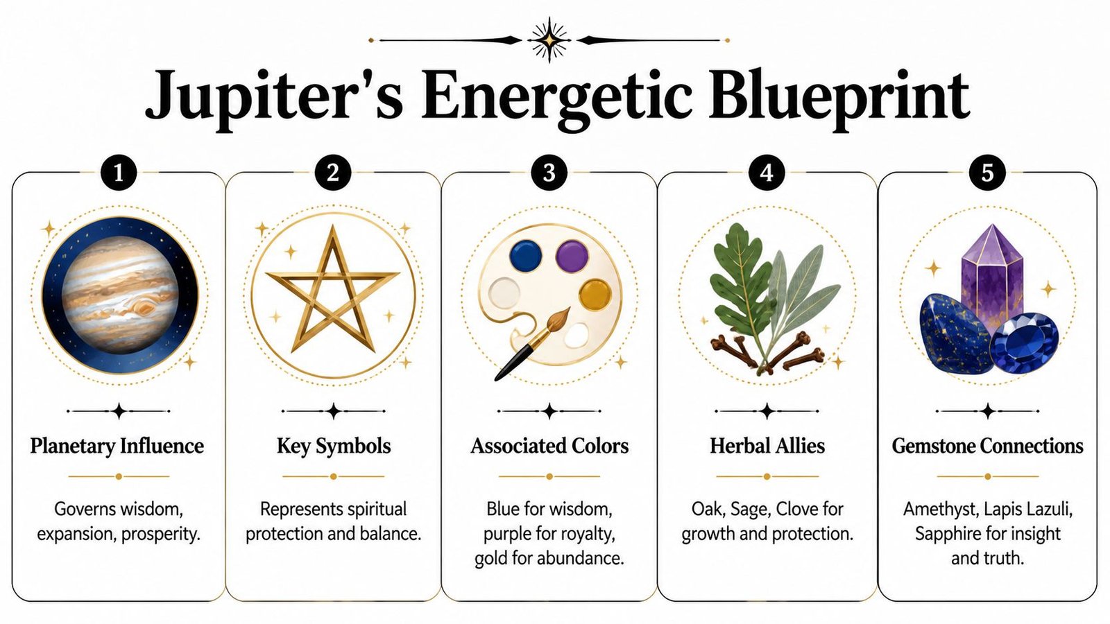 An infographic titled Jupiter's Energetic Blueprint, outlining its planetary influence, key symbols, colors, herbs, and gemstones.