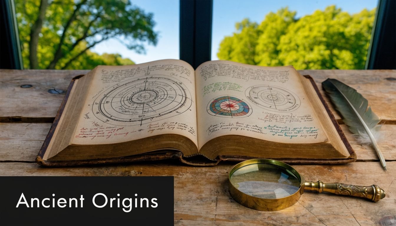 An open vintage grimoire featuring intricate astrological charts and hand-written notes on a wooden desk near a quill.