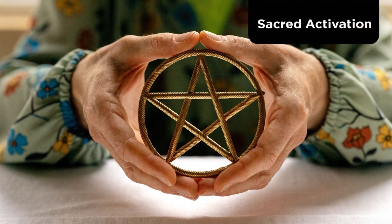 A pair of hands gently holding a golden pentacle symbol against a floral background.