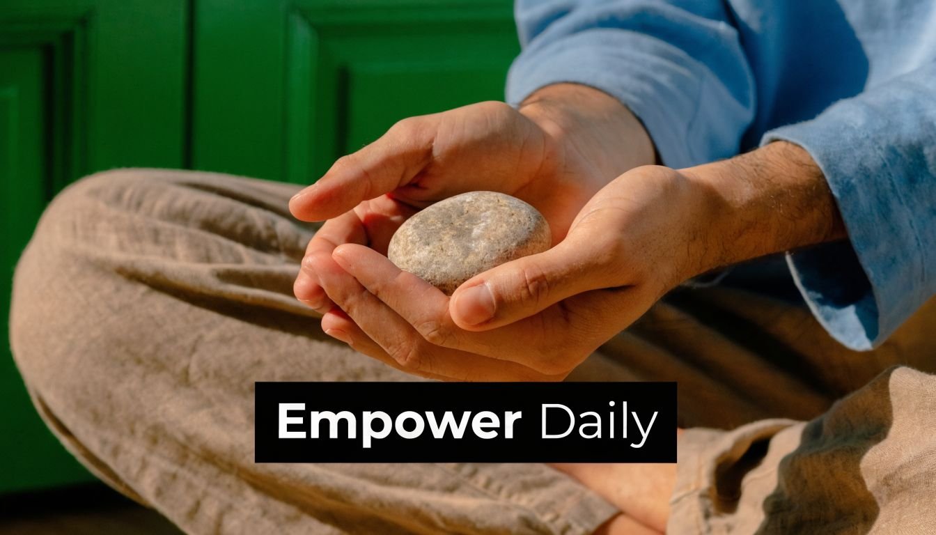 A person wearing blue linen clothing sits cross-legged holding a smooth stone in their cupped palms.