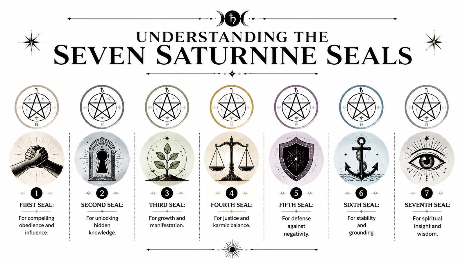 A diagram titled Understanding the Seven Saturnine Seals featuring seven numbered icons, each with a unique mystical symbol.