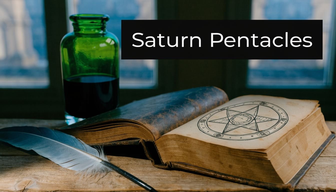 An open antique book featuring a pentacle drawing with a feather quill and green ink bottle nearby.