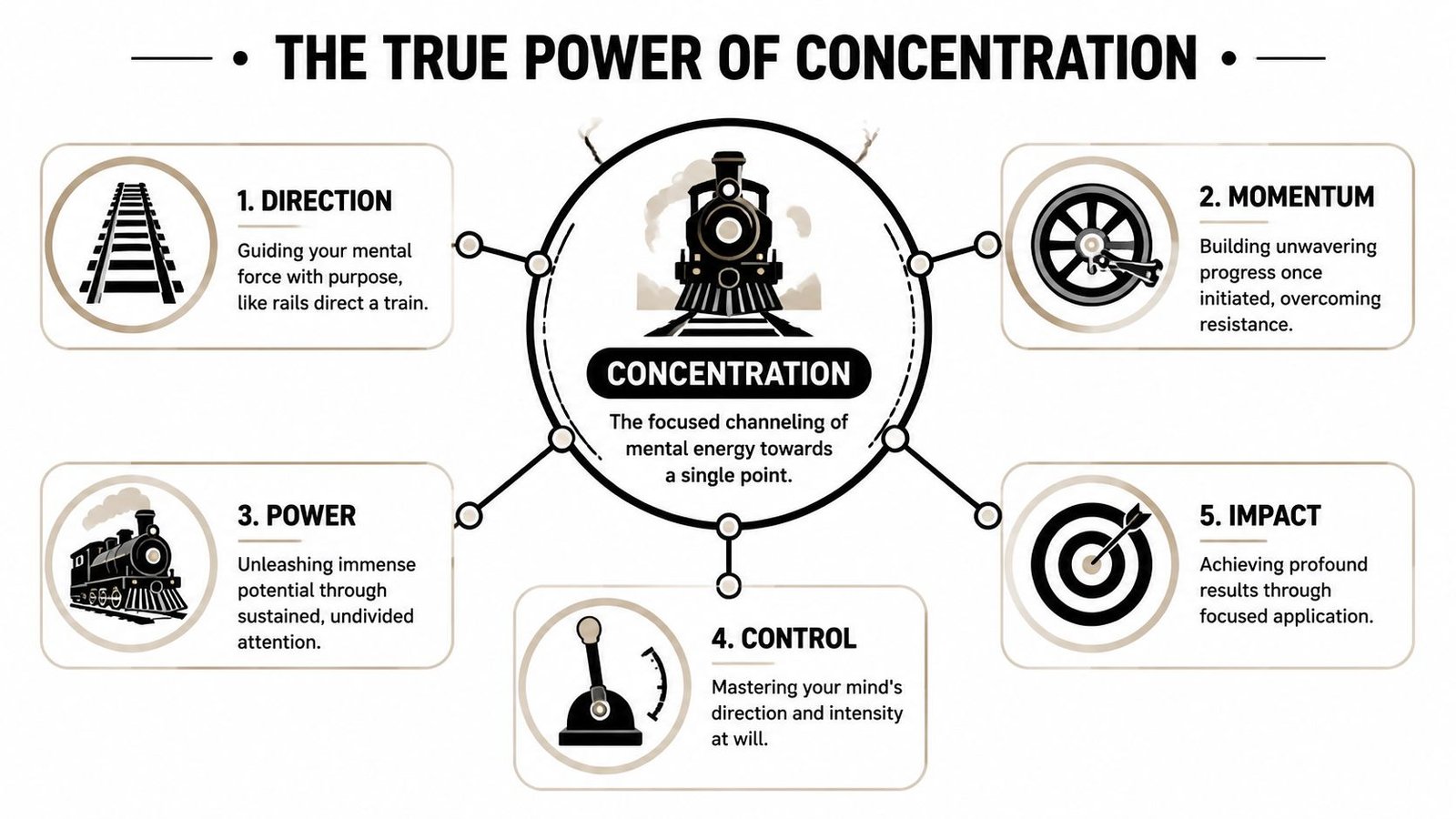 A diagram illustrating the true power of concentration through the metaphor of a train, showing five essential components.