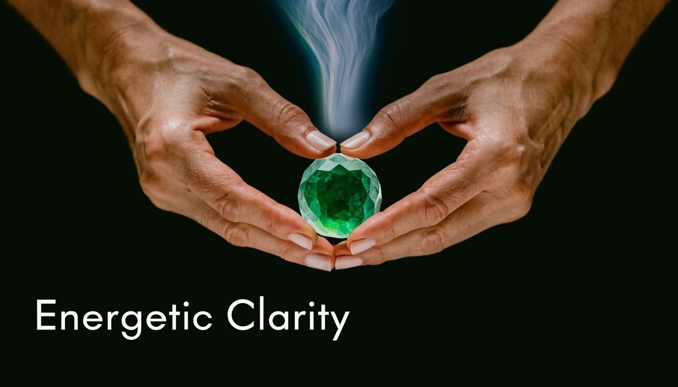 A close up view of two hands cupping a glowing green gemstone emitting ethereal blue smoke.