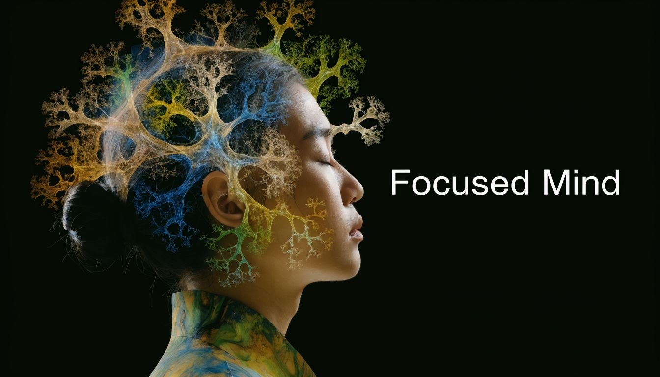 A profile view of a person with a colorful, tree-like fractal structure growing from their head.