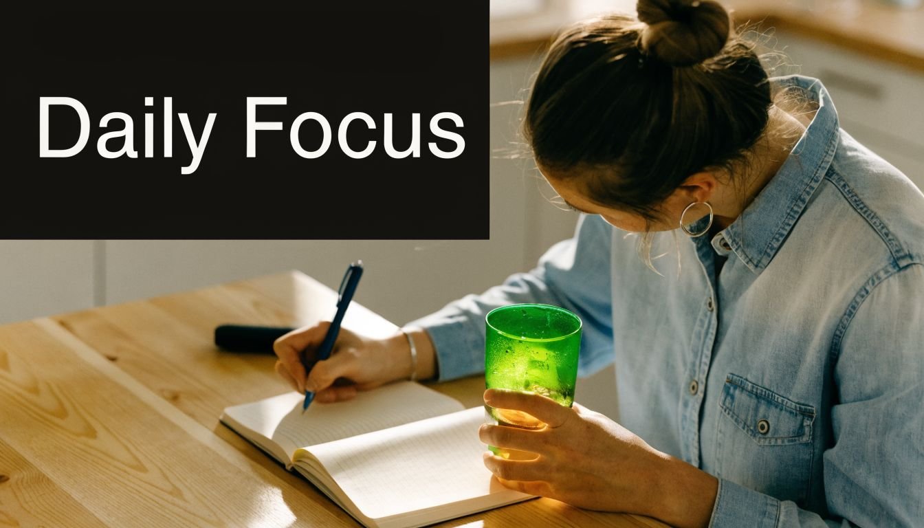 A woman in a denim shirt writes in a notebook while holding a green glass of water.