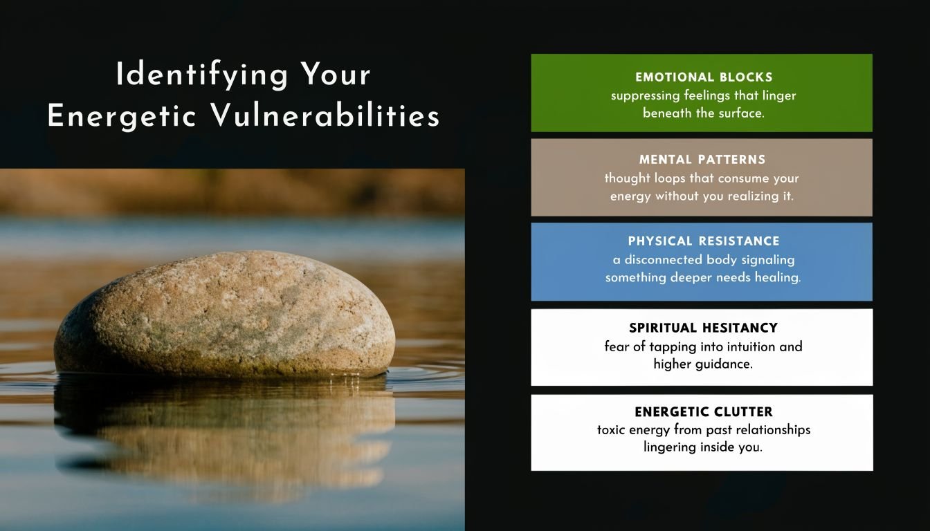 A graphic about identifying energetic vulnerabilities, listing emotional blocks, mental patterns, physical resistance, spiritual hesitancy, and clutter.