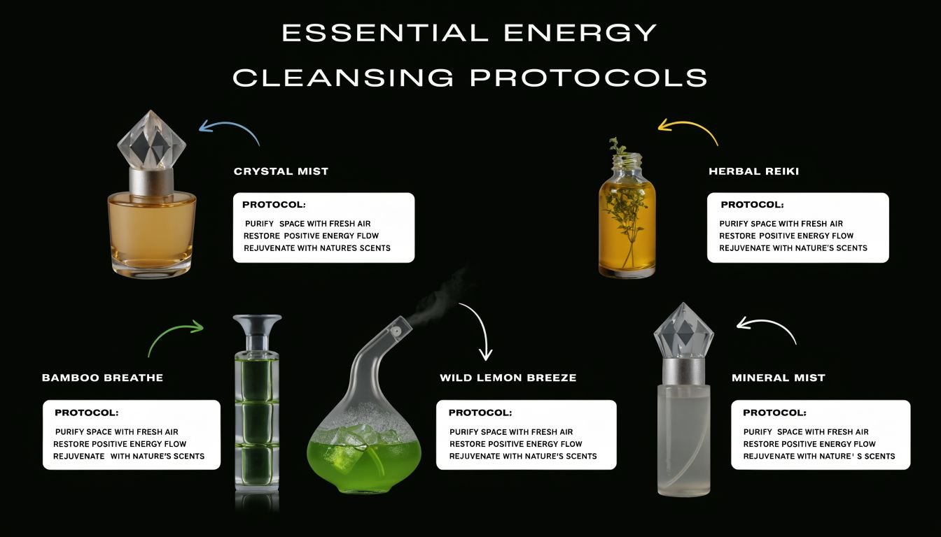 A product infographic showcasing four energy cleansing essential oil sprays with their associated purification and rejuvenation protocols.