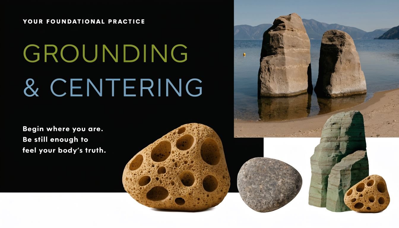 A graphic about grounding and centering featuring natural rock formations and porous stones on a dark background.
