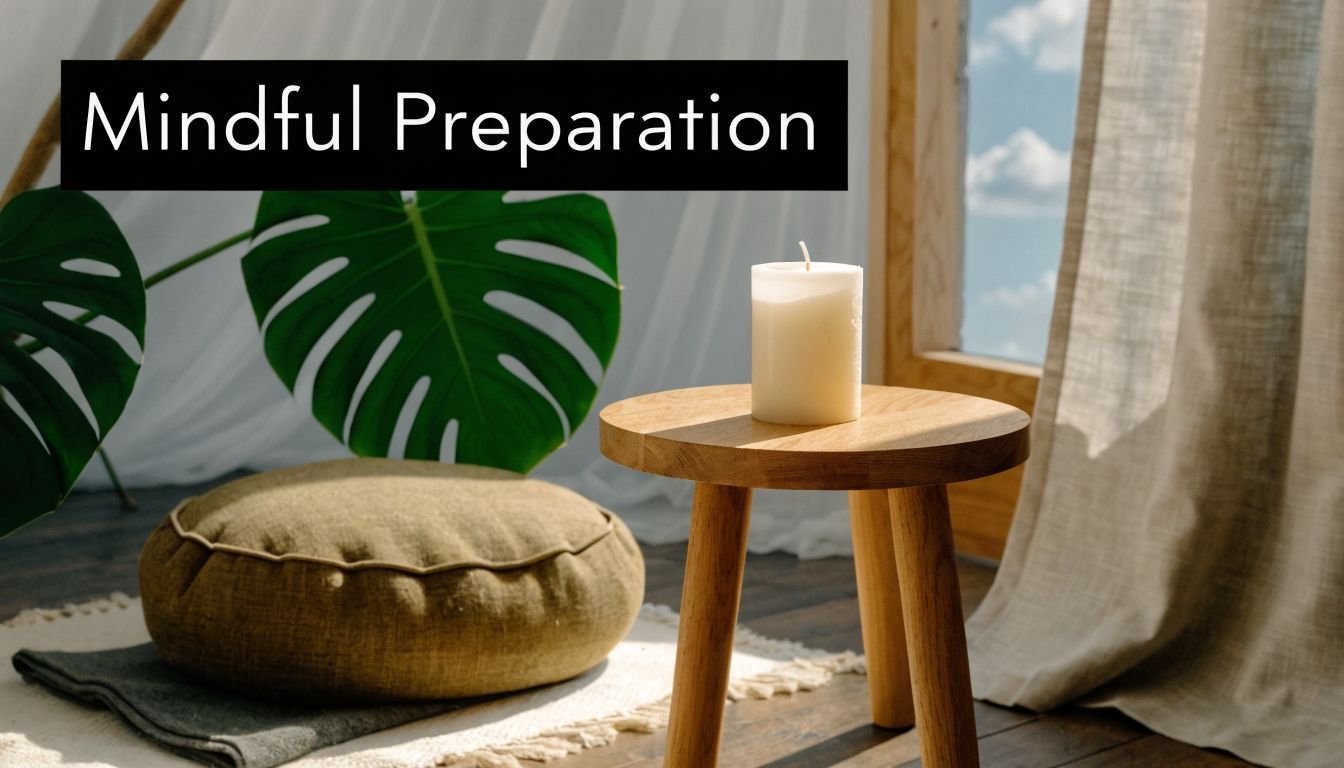 A serene room featuring a meditation cushion and a lit candle on a wooden stool for mindfulness.
