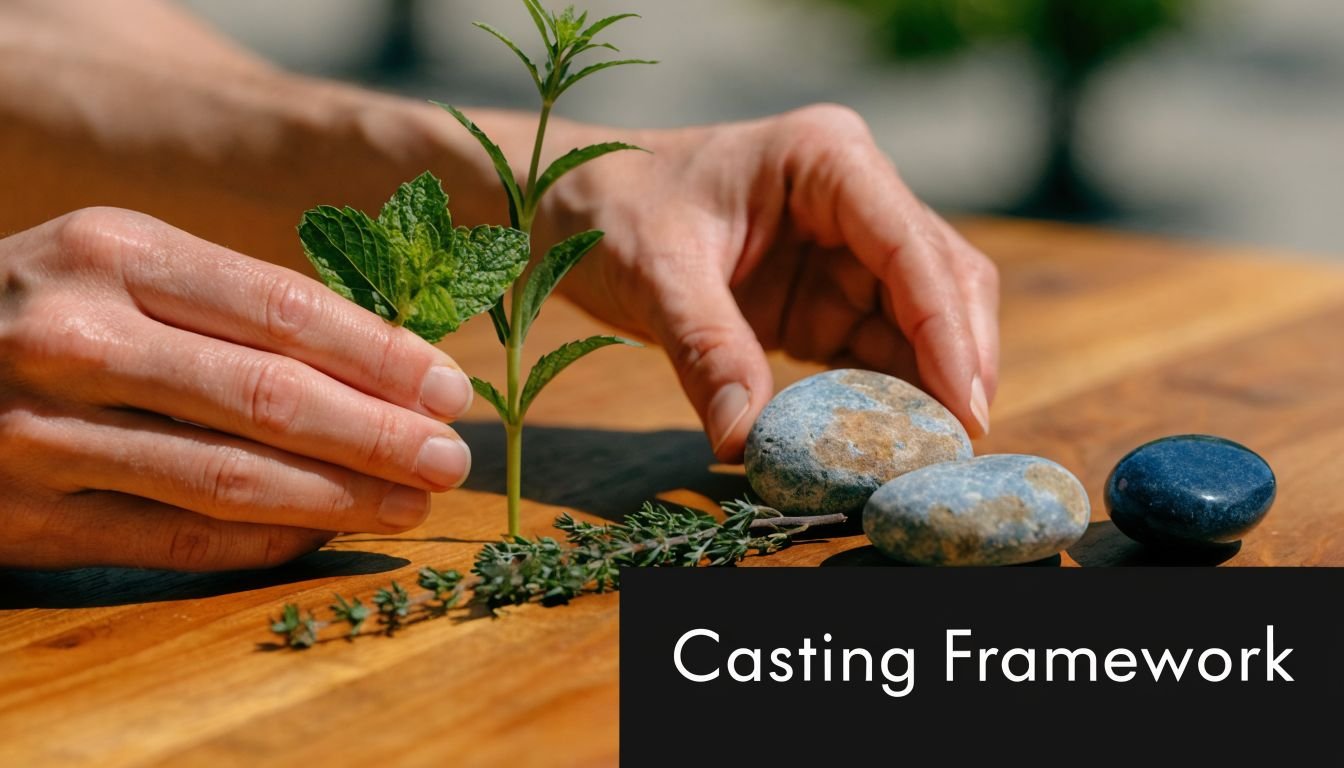 Hands arranging a small green plant and smooth stones on a wooden table for a spell.
