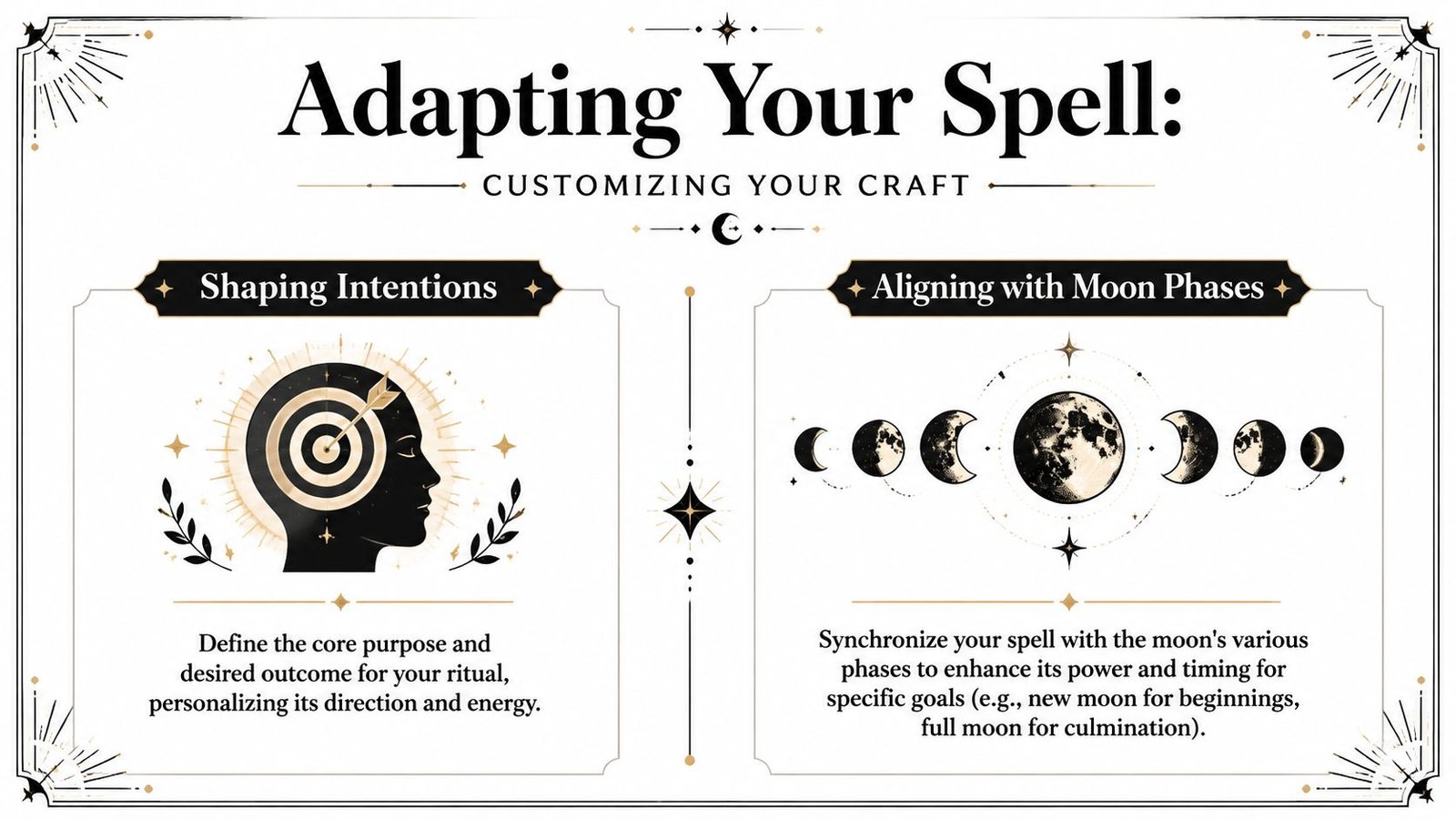 An instructional graphic titled Adapting Your Spell explaining how to shape intentions and align rituals with moon phases.