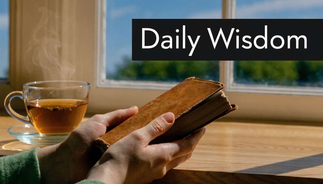 A person holding a leather bound book with a steaming cup of tea near a bright window.
