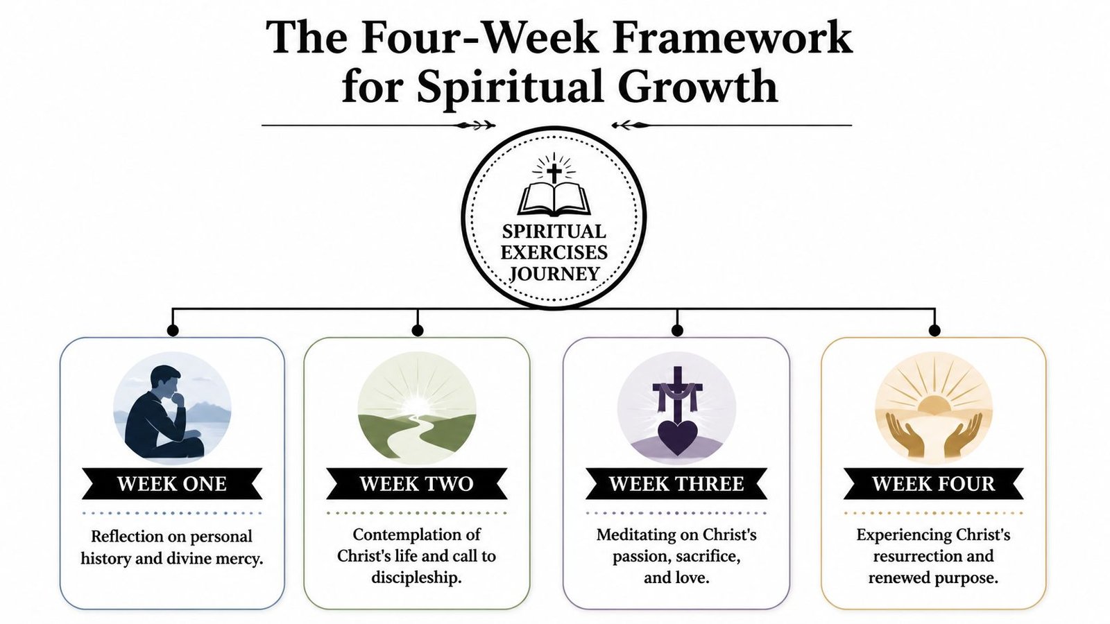 A diagram outlining the Four-Week Framework for Spiritual Growth, detailing the focus for each individual week.