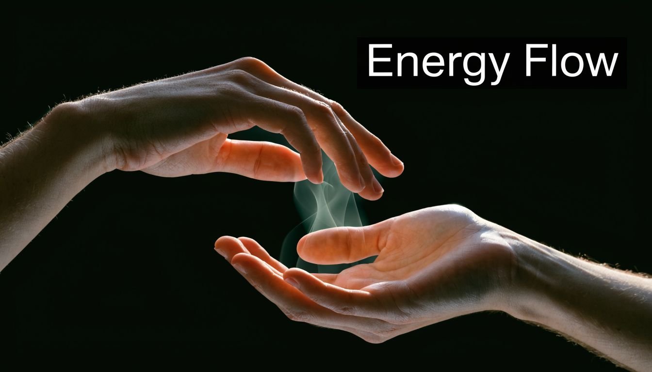 Two hands facing each other with wisps of light energy flowing between them against black background.