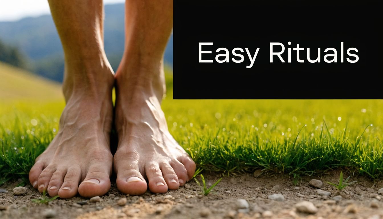Bare human feet standing on damp green grass and earth, symbolizing grounding and spiritual wellness connection.