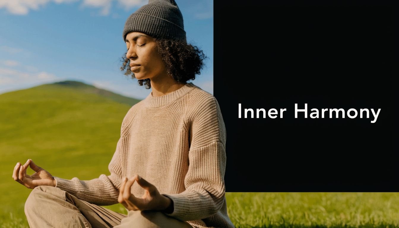 A person wearing a beanie and sweater meditating in a field to achieve inner harmony and peace.