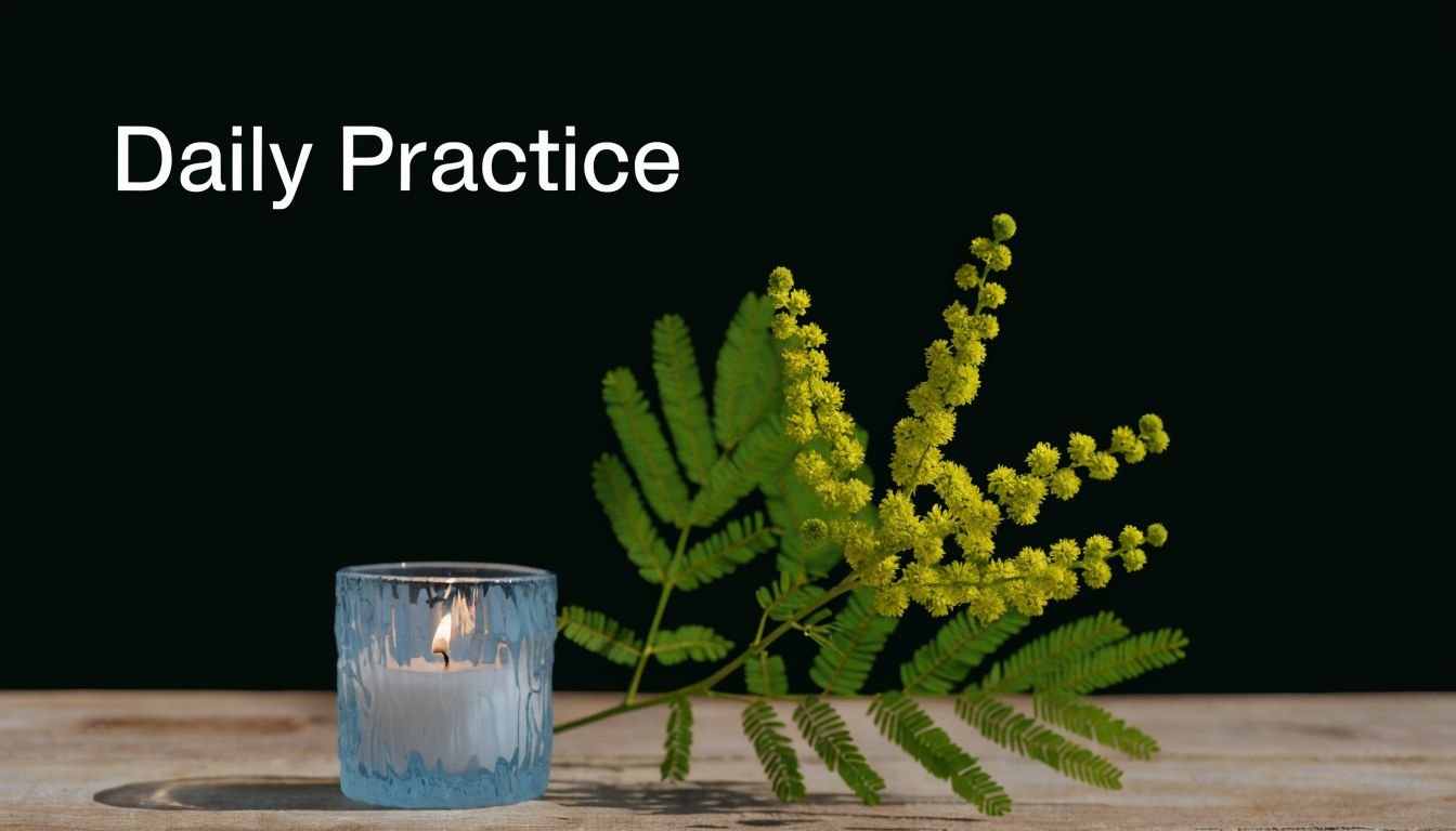 A lit blue candle in a glass holder sits next to a bright yellow flowering acacia sprig.