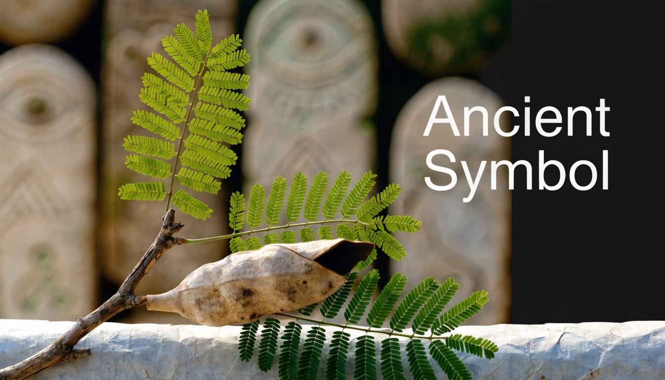 A delicate green acacia sprig with a seed pod resting on a stone surface with ancient symbols.