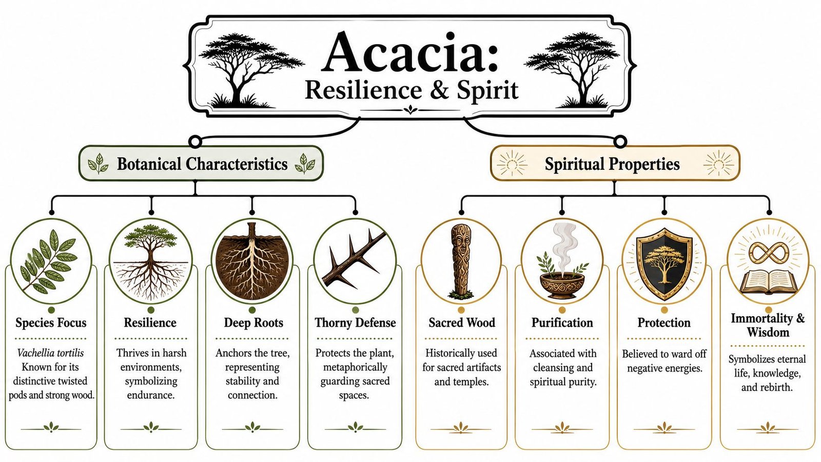 A diagram illustrating the botanical characteristics and spiritual properties of the resilient acacia tree.