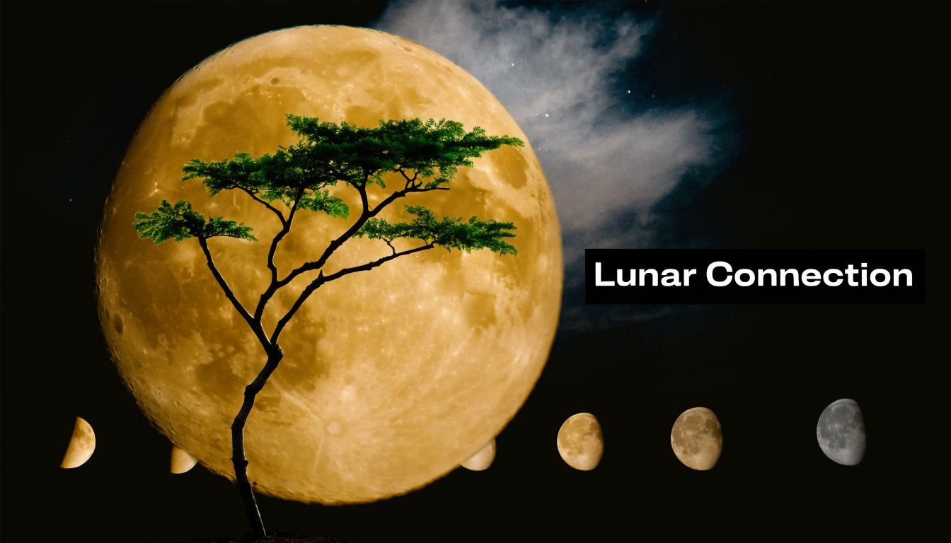 A solitary tree stands in front of a giant full moon with lunar phases below it.