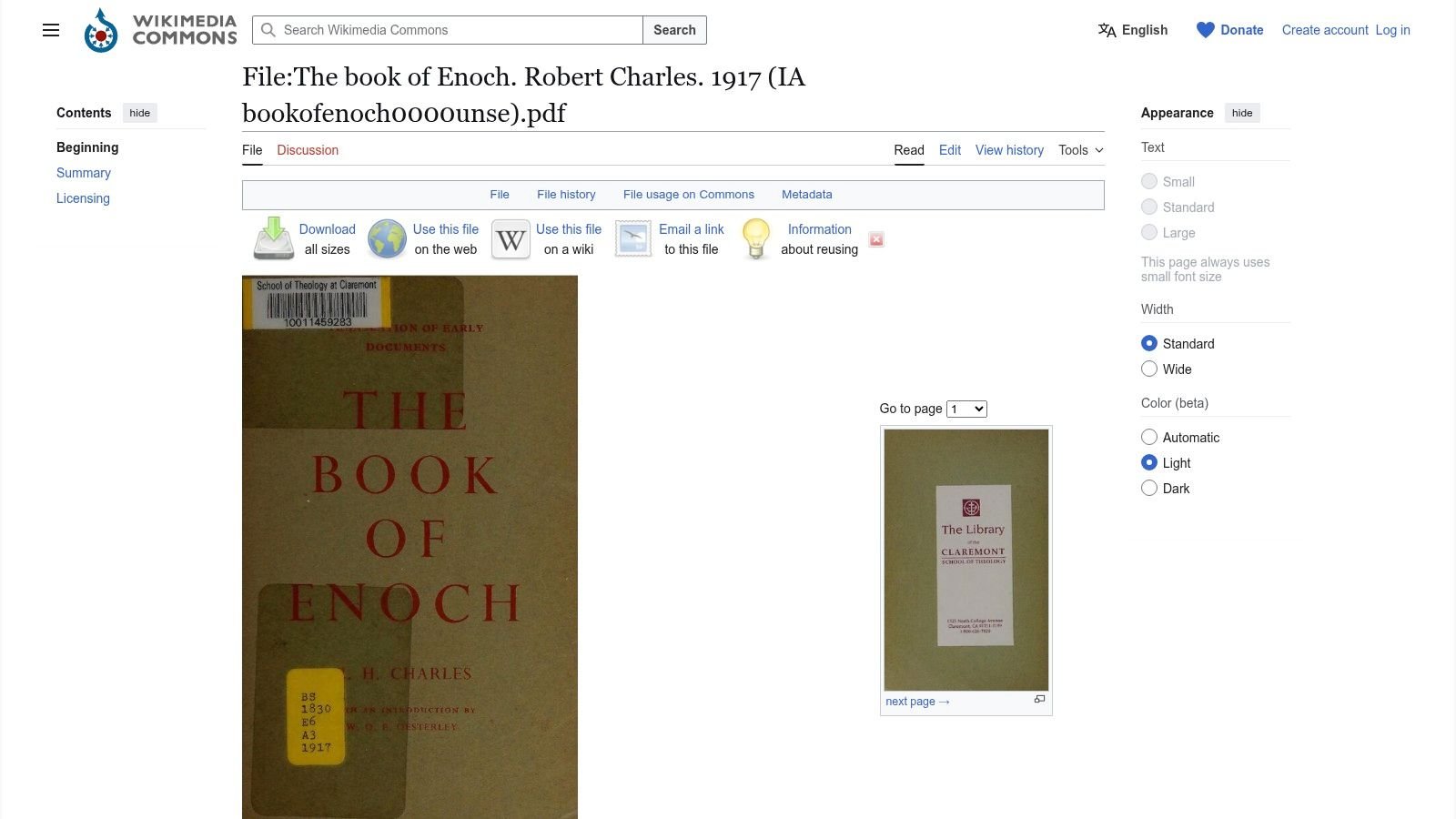 Internet Archive (via Wikimedia Commons) – The Book of Enoch (R. H. Charles, 1917; scanned book)