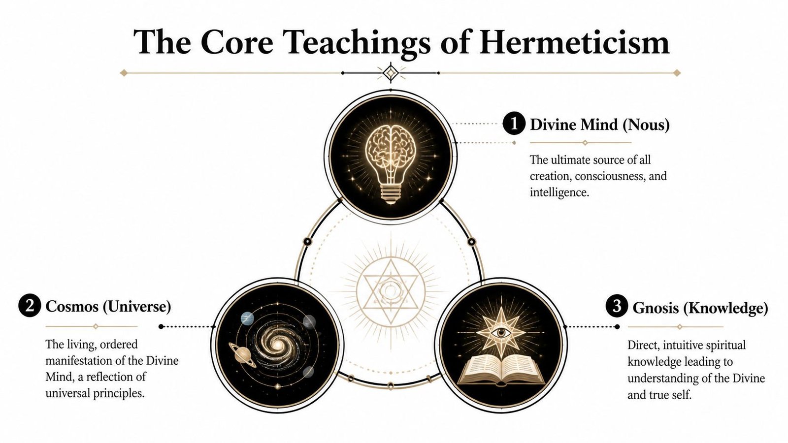 A diagram illustrating the three core tenets of Hermeticism: Divine Mind, Cosmos, and Gnosis with icons.