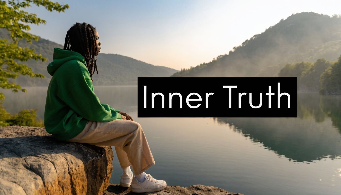 A person with dreadlocks wearing a green hoodie sitting on a rocky cliff overlooking a peaceful lake.