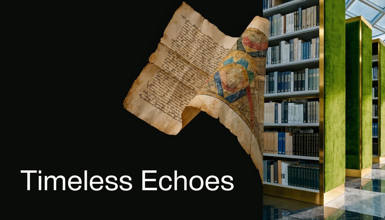 An ancient parchment with a geometric design sits beside a modern library with green shelves and books.