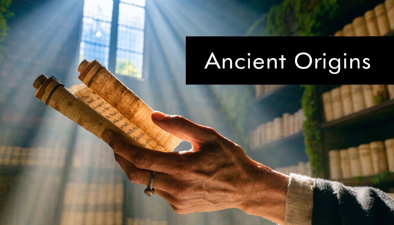 A hand holding an ancient papyrus scroll inside a dusty library with light shining through windows.