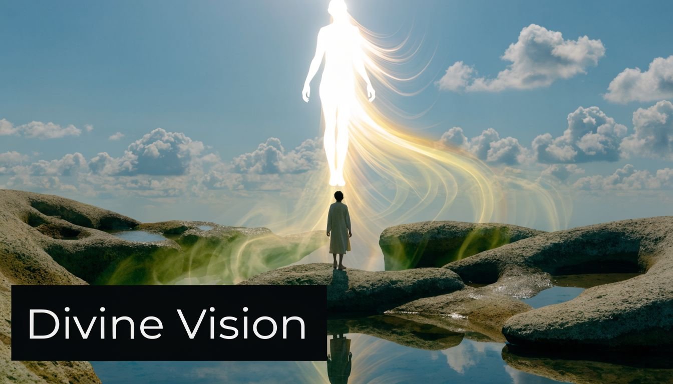 A person standing on rocks witnessing a bright, ethereal humanoid figure appearing in the sky above.