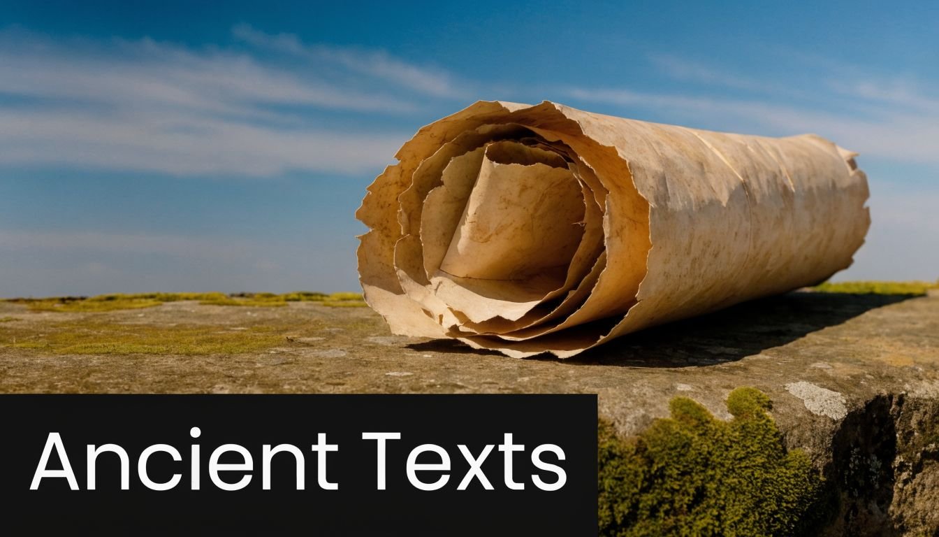 An old, weathered parchment scroll resting on a mossy stone surface against a blue sky background.