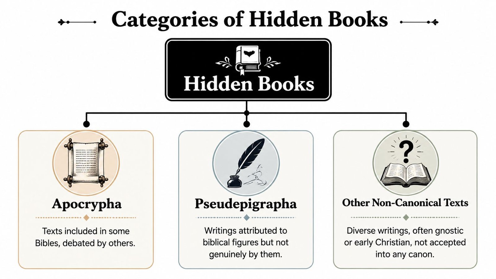 A diagram categorizing hidden books of the Bible into Apocrypha, Pseudepigrapha, and other non-canonical texts.
