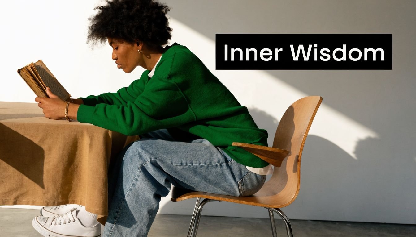 A person with curly hair wearing a green sweater sits at a table reading a book.