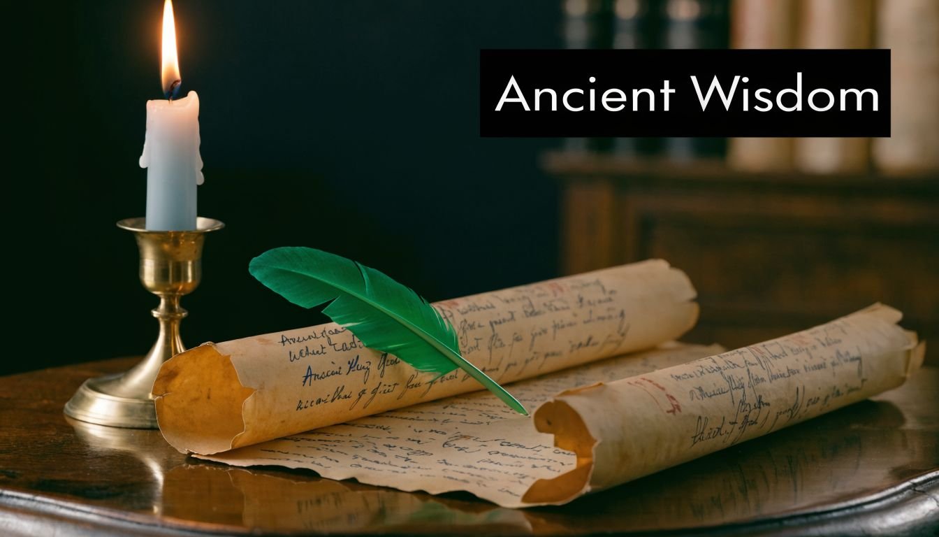 An antique candle and a green feather quill resting on an old handwritten scroll on a table.
