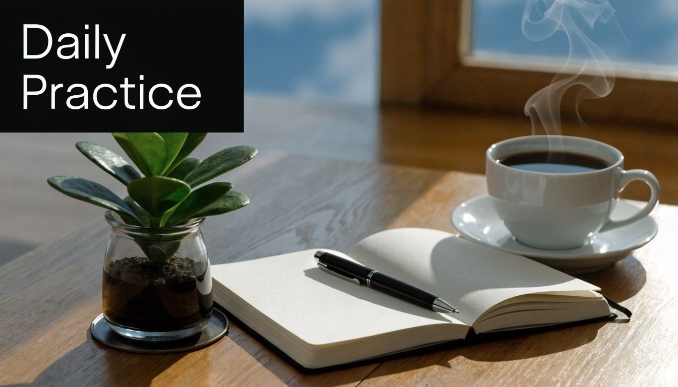 An open notebook with a pen, a small succulent in a glass jar, and steaming coffee.
