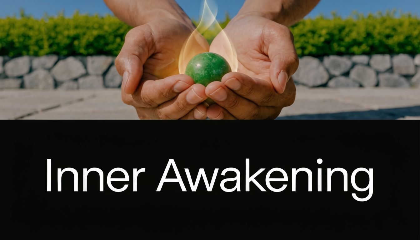 A close-up of hands cupping a glowing green orb representing an inner spiritual awakening.