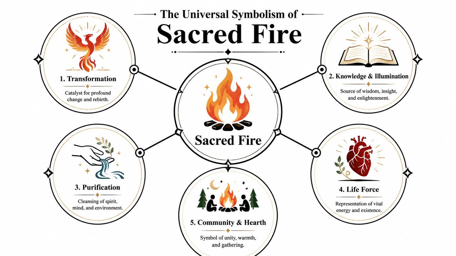 A diagram illustrating the universal symbolism of sacred fire, featuring five core meanings and thematic icons.