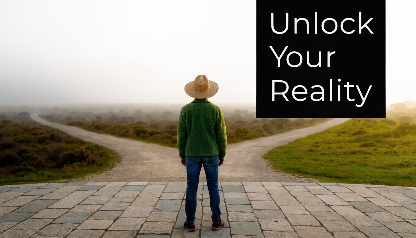 A person in a hat standing at a fork in the road facing into the foggy distance.