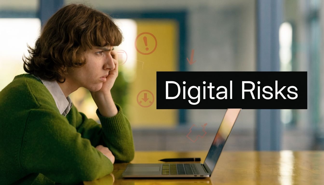 A young person looks concerned while sitting in front of a laptop with the text Digital Risks.