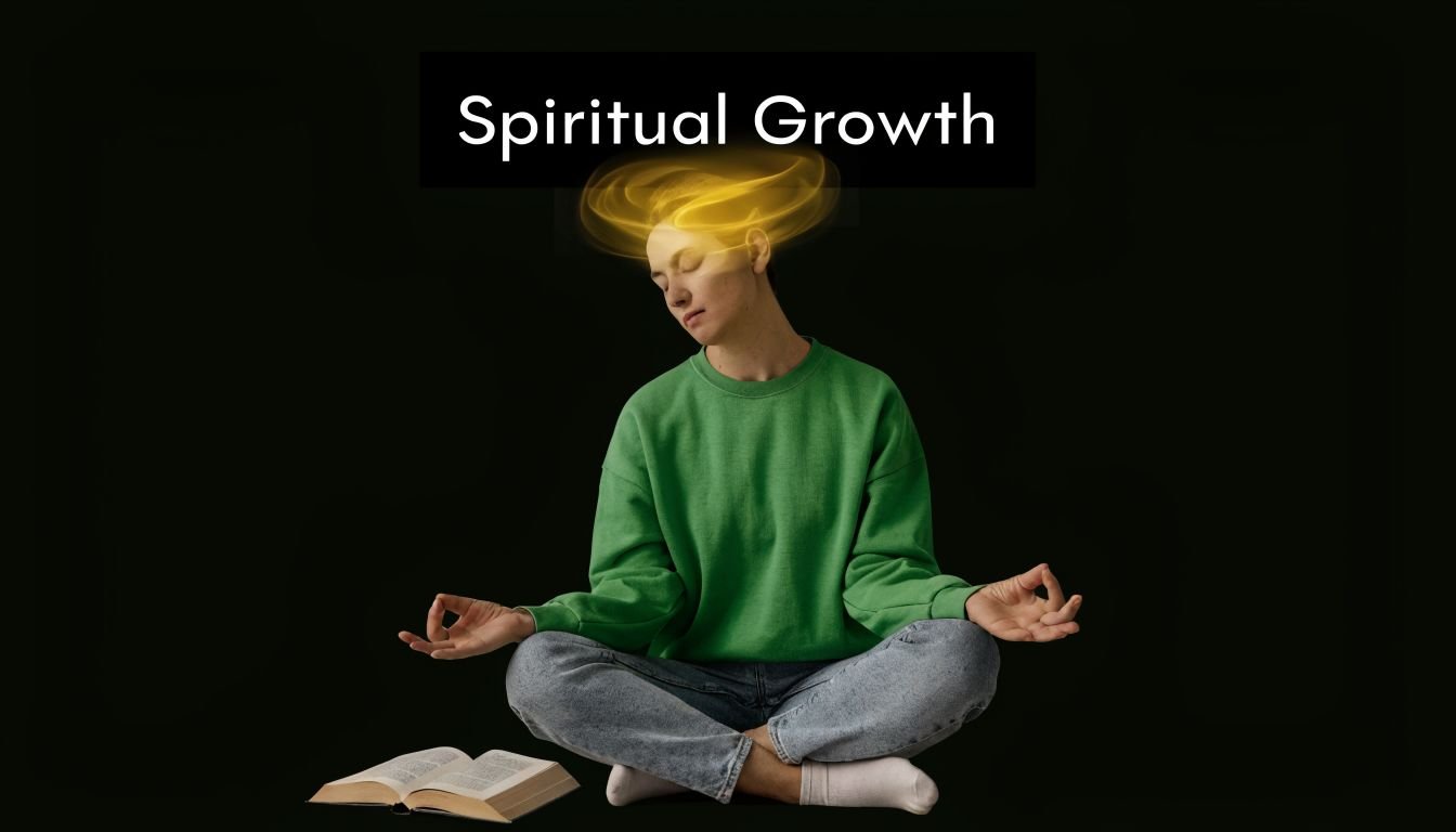 A person sitting in a meditative lotus pose with an open book and a glowing golden halo effect.