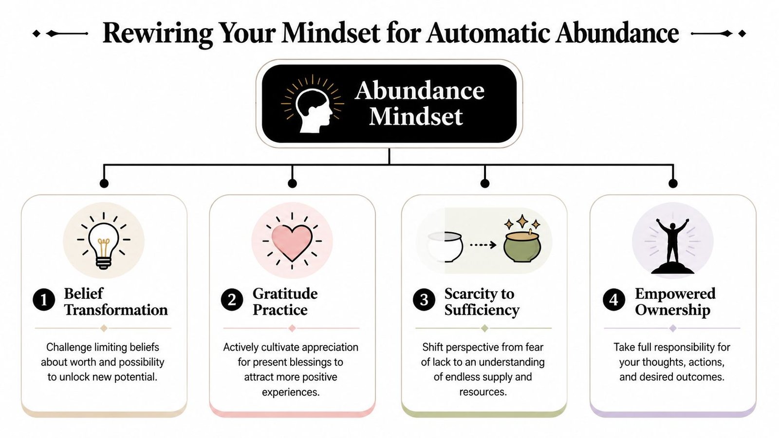 A diagram outlining four steps to cultivate an abundance mindset: belief transformation, gratitude practice, sufficiency, and ownership.
