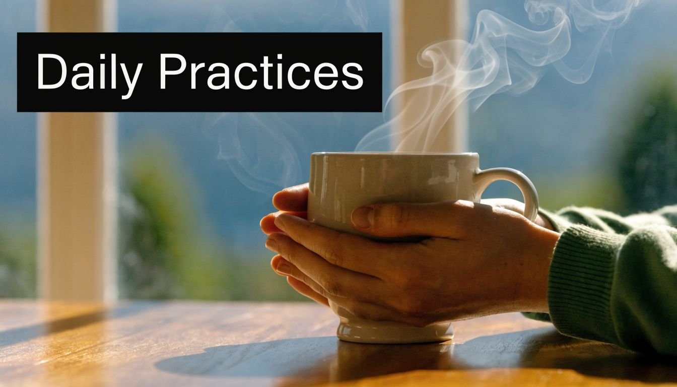 A person holding a warm, steaming mug of coffee near a sunlit window, representing daily practices.