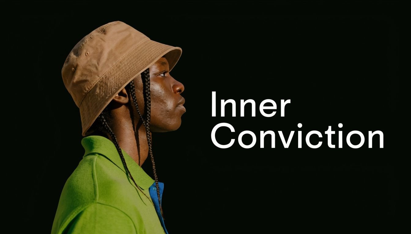 A young person with braided hair wearing a tan bucket hat and green shirt against black background.