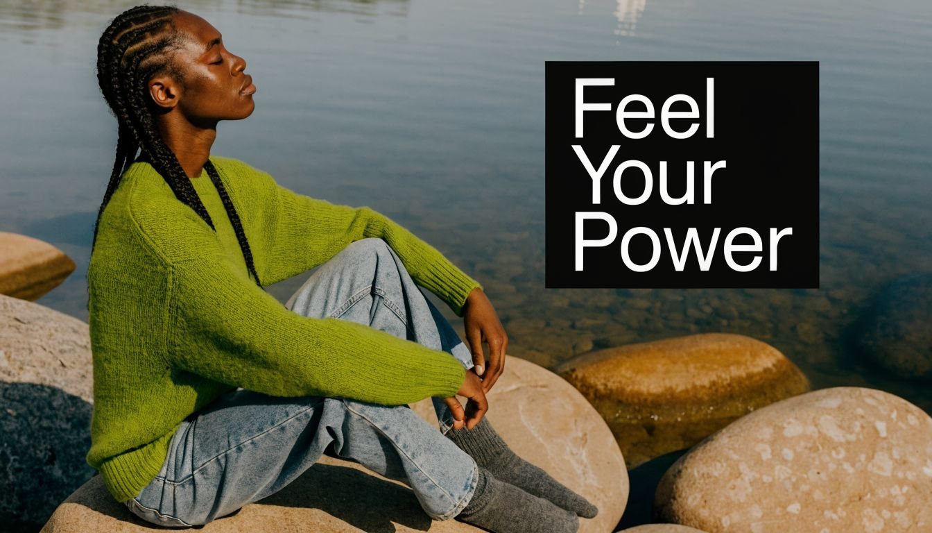 A person sitting on a rock by the water wearing a green sweater and jeans, meditating peacefully.