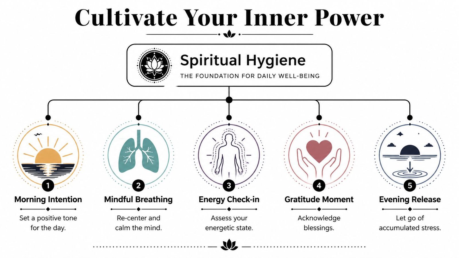 A diagram outlining five daily practices for spiritual hygiene to cultivate inner power and well-being.