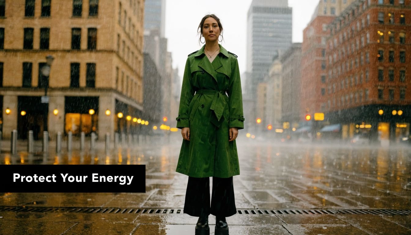 A woman in a green trench coat stands in a city street during a rainstorm.