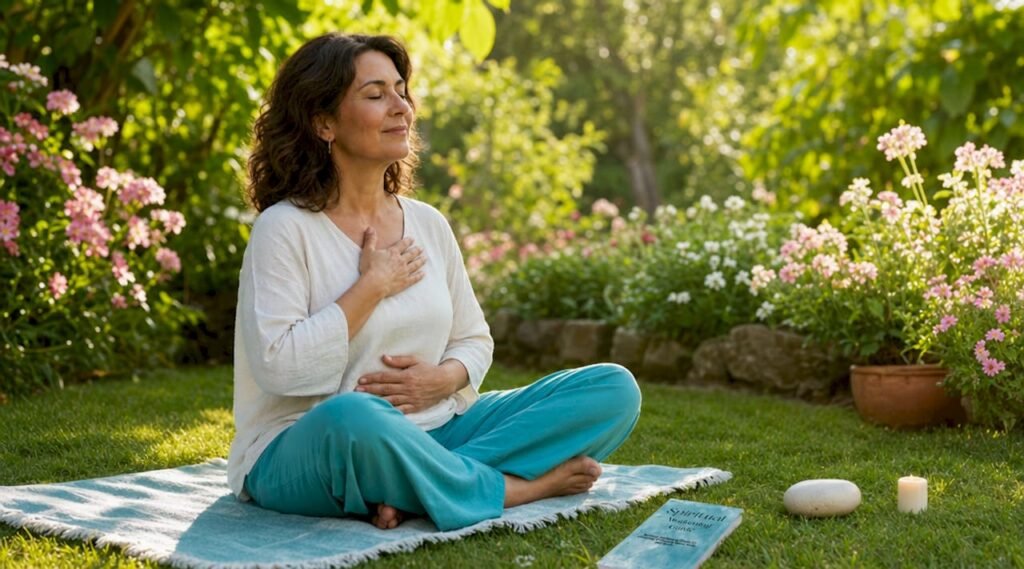 Woman meditating in a garden setting.
